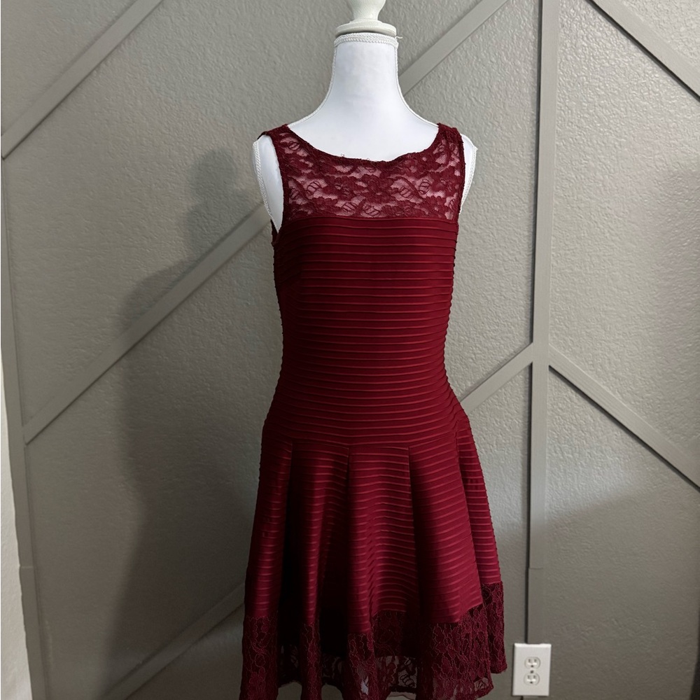The Limited Lace Overlay Dress in Deep Red